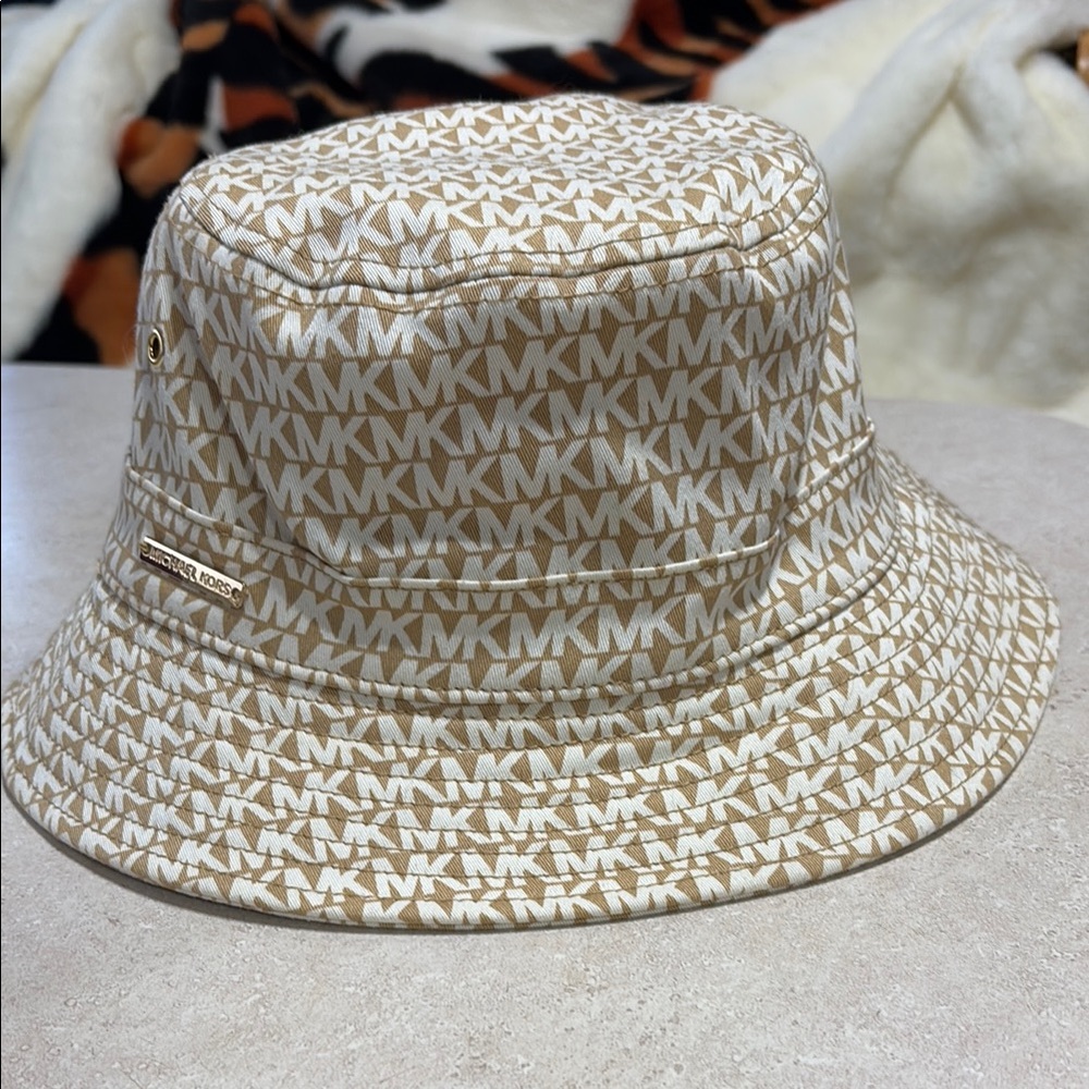 Michael Kors Beige and White Logo Bucket Hat